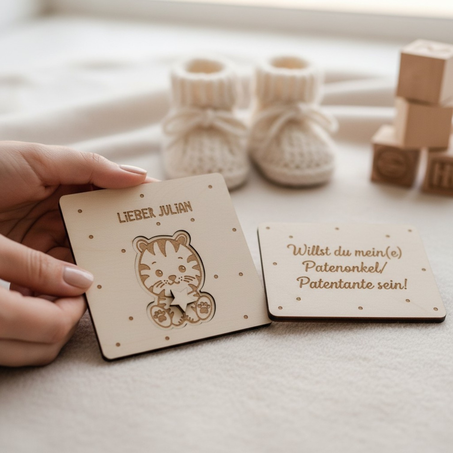 Puzzle‑Holzkarte personalisiert – „Willst du meine Patentante / mein Patenonkel sein?“ – Tiermotiv Löwe, Bär oder Tiger
